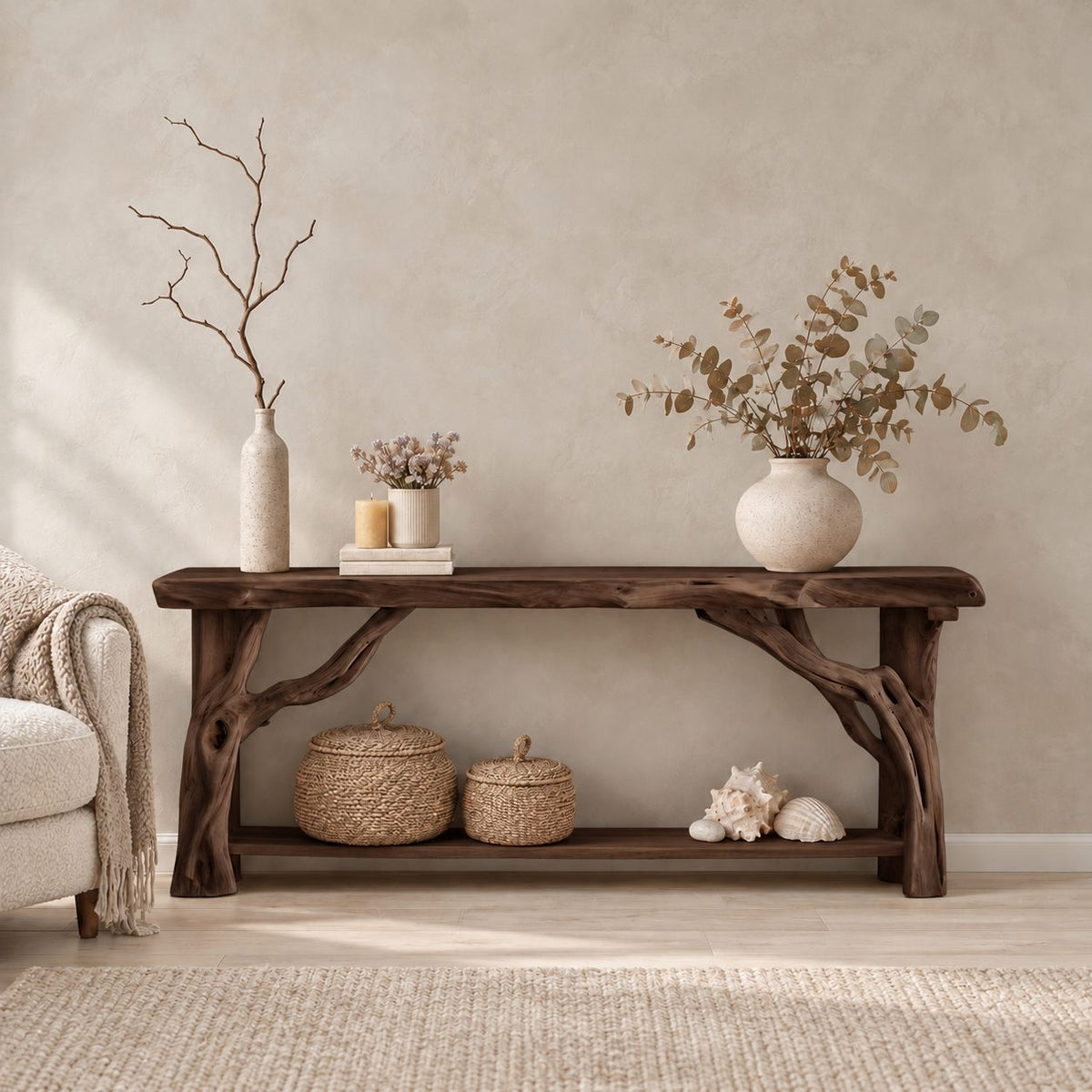 Driftwood Console Table with Twisted Branch Legs and Lower Shelf, Solid Wood Entryway Table