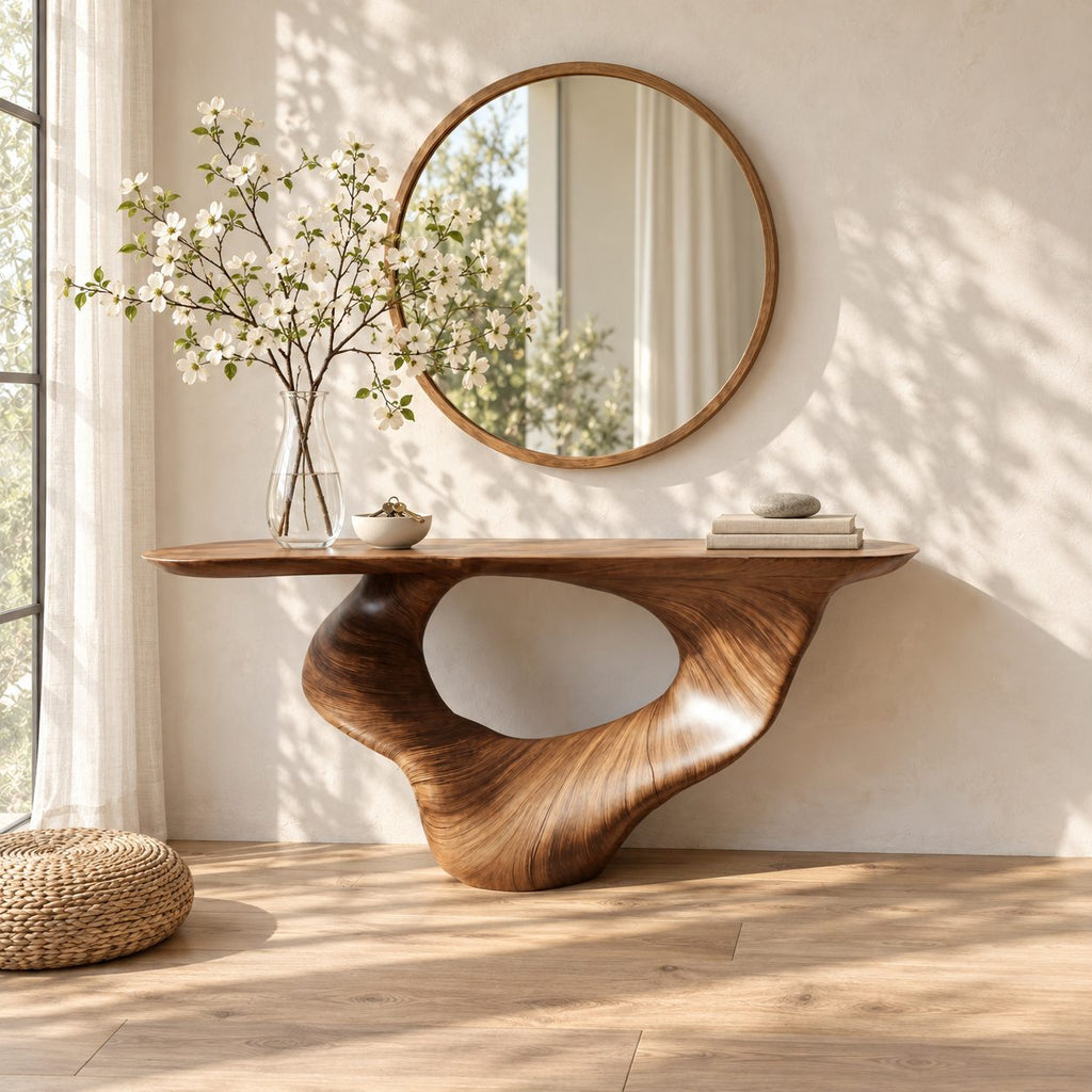 Sculptural Console Table with Carved Oval Void Pedestal, Narrow Solid Wood Entry Table