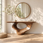Sculptural Console Table with Carved Oval Void Pedestal, Narrow Solid Wood Entry Table