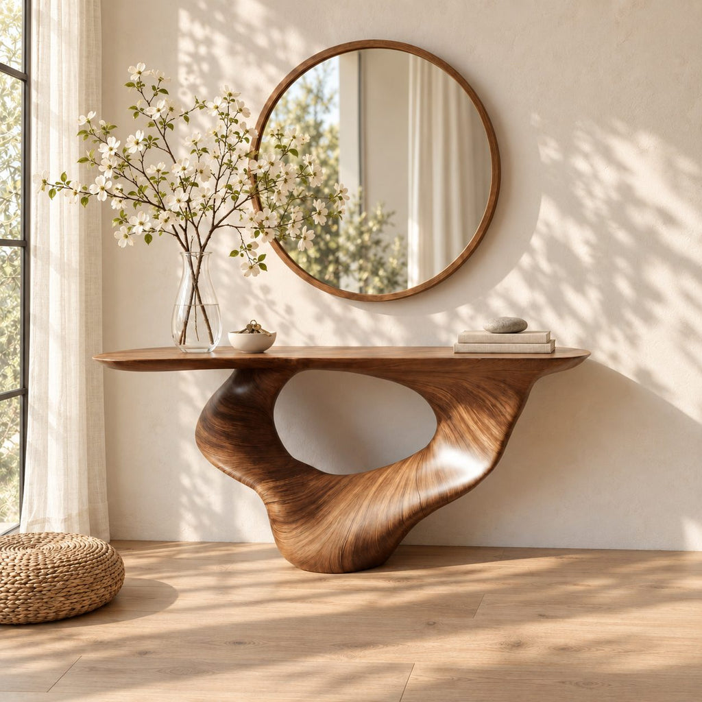 Sculptural Console Table with Carved Oval Void Pedestal, Narrow Solid Wood Entry Table