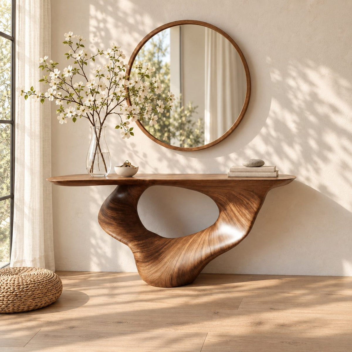 Sculptural Console Table with Carved Oval Void Pedestal, Narrow Solid Wood Entry Table