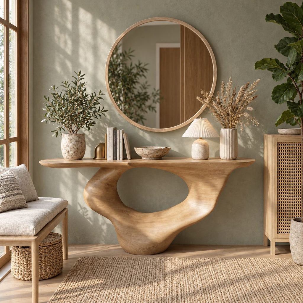 Sculptural Console Table with Carved Oval Void Pedestal, Narrow Solid Wood Entry Table