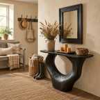 Sculptural Console Table with Carved Oval Void Pedestal, Narrow Solid Wood Entry Table