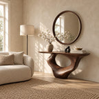 Sculptural Console Table with Carved Oval Void Pedestal, Narrow Solid Wood Entry Table
