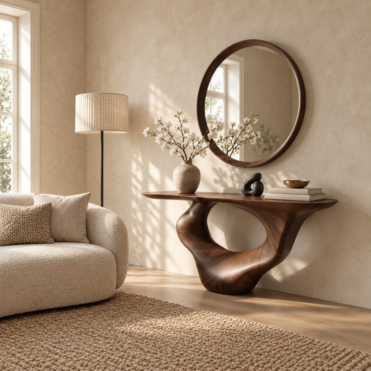 Sculptural Console Table with Carved Oval Void Pedestal, Narrow Solid Wood Entry Table