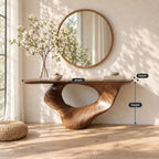 Sculptural Console Table with Carved Oval Void Pedestal, Narrow Solid Wood Entry Table