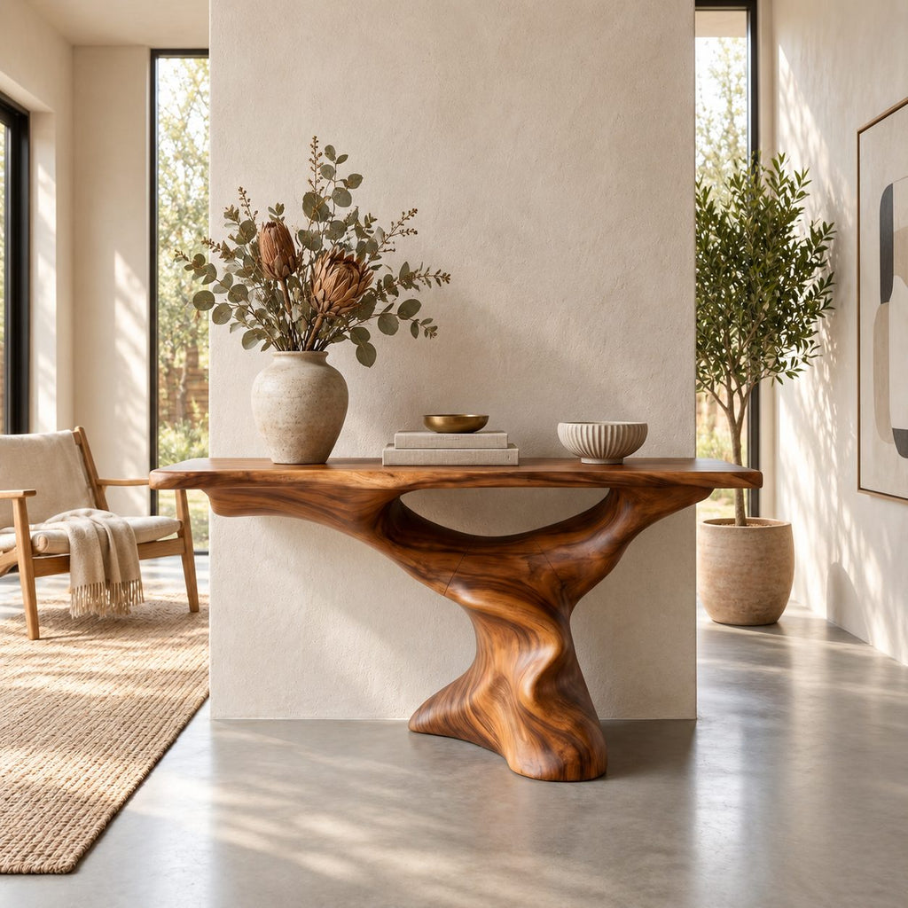 Mid Century Modern Console Table on a Twisting Pedestal, Thick Live Edge Wood Top