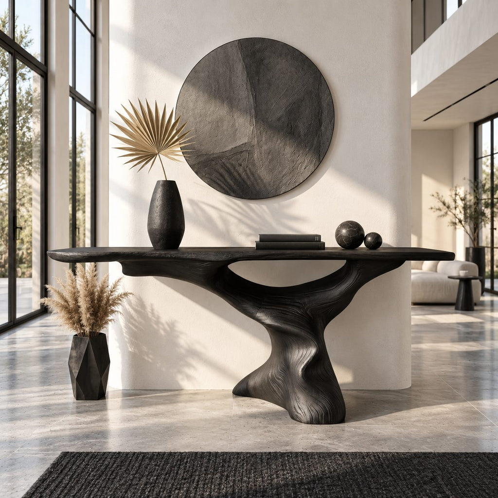 Mid Century Modern Console Table on a Twisting Pedestal, Thick Live Edge Wood Top