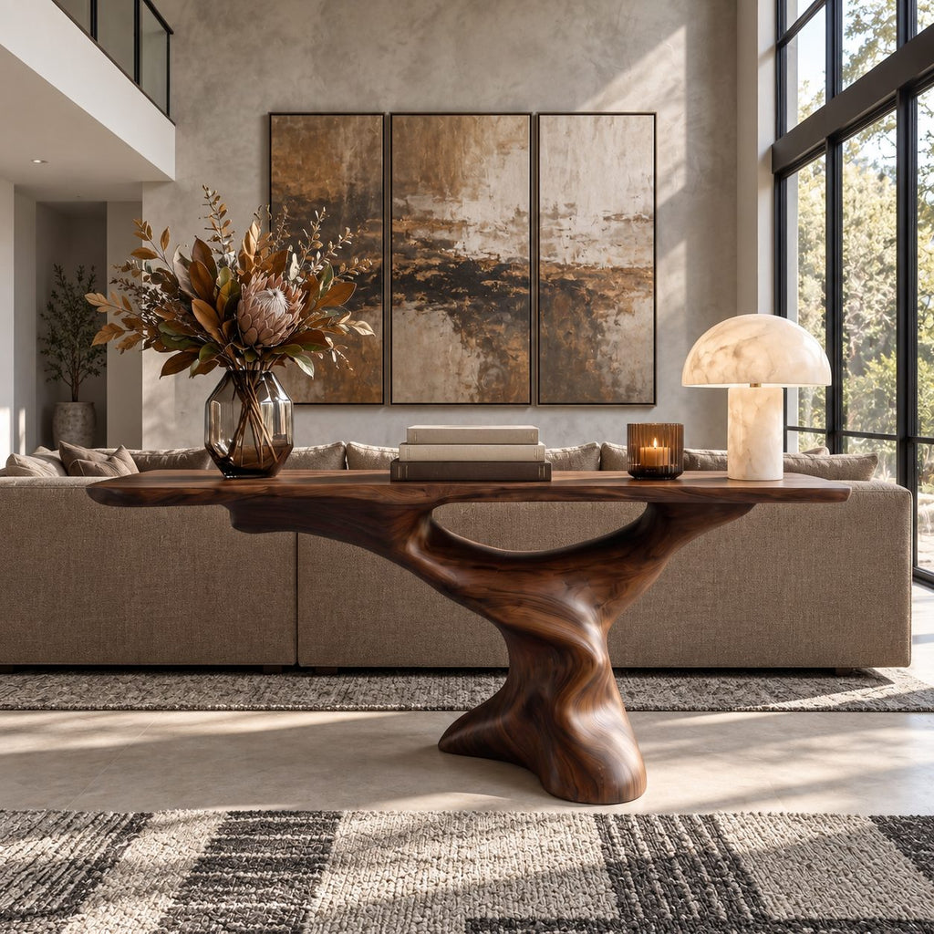 Mid Century Modern Console Table on a Twisting Pedestal, Thick Live Edge Wood Top