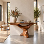 Mid Century Modern Console Table on a Twisting Pedestal, Thick Live Edge Wood Top