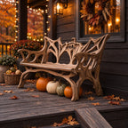 Root Branch Carved Armed Bench, Solid Wood Porch Bench with Openwork Back and Top Crest Detail