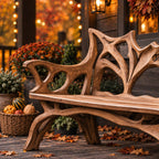 Root Branch Carved Armed Bench, Solid Wood Porch Bench with Openwork Back and Top Crest Detail