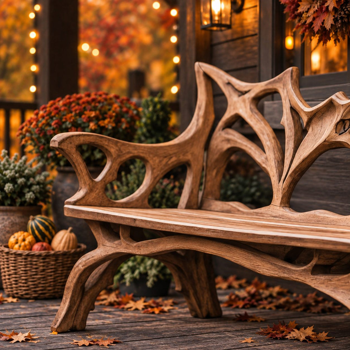 Root Branch Carved Armed Bench, Solid Wood Porch Bench with Openwork Back and Top Crest Detail
