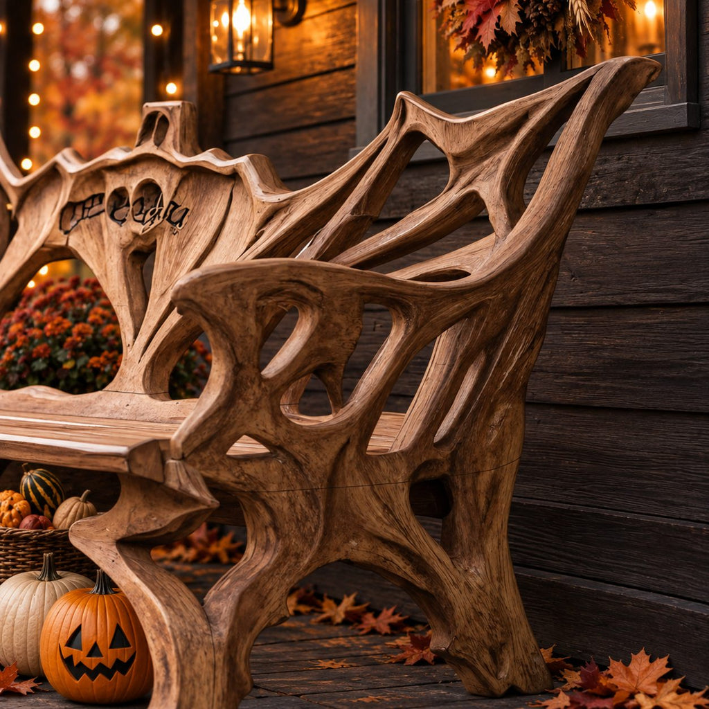 Root Branch Carved Armed Bench, Solid Wood Porch Bench with Openwork Back and Top Crest Detail