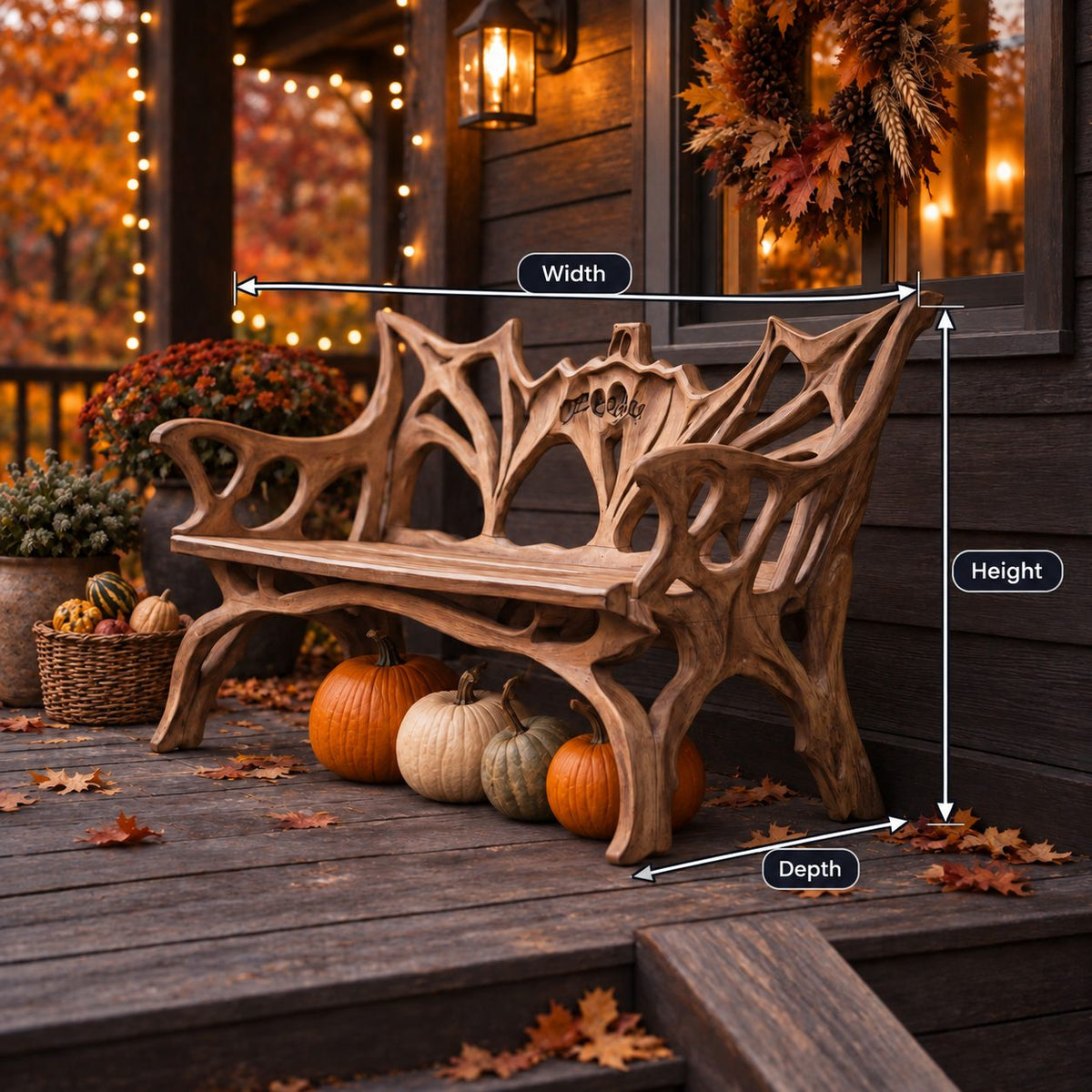 Root Branch Carved Armed Bench, Solid Wood Porch Bench with Openwork Back and Top Crest Detail