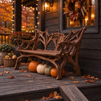 Root Branch Carved Armed Bench, Solid Wood Porch Bench with Openwork Back and Top Crest Detail