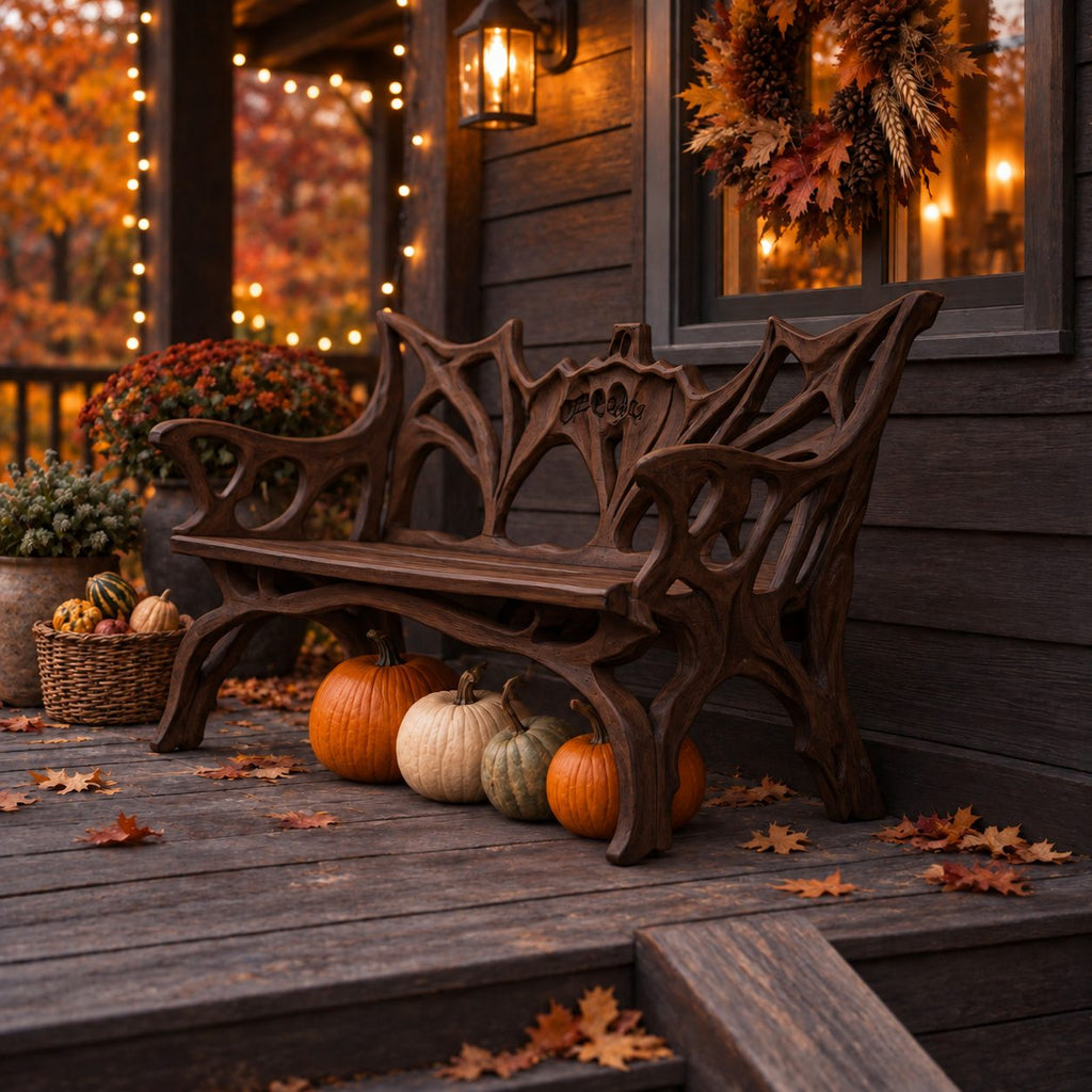Root Branch Carved Armed Bench, Solid Wood Porch Bench with Openwork Back and Top Crest Detail