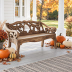 Scroll Arm Vine Carved Bench, Solid Wood Porch Settee Frame with Swirling Openwork Backrest
