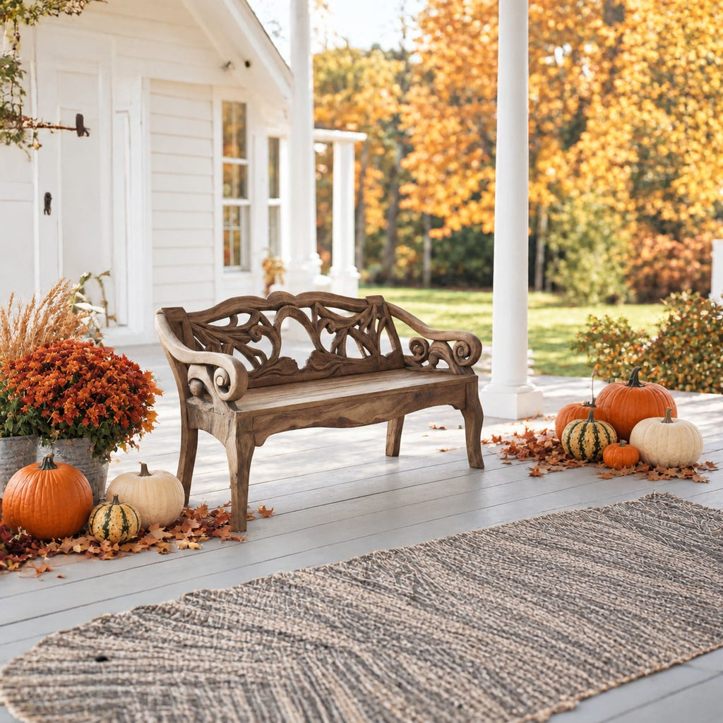 Scroll Arm Vine Carved Bench, Solid Wood Porch Settee Frame with Swirling Openwork Backrest
