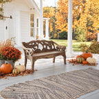 Scroll Arm Vine Carved Bench, Solid Wood Porch Settee Frame with Swirling Openwork Backrest