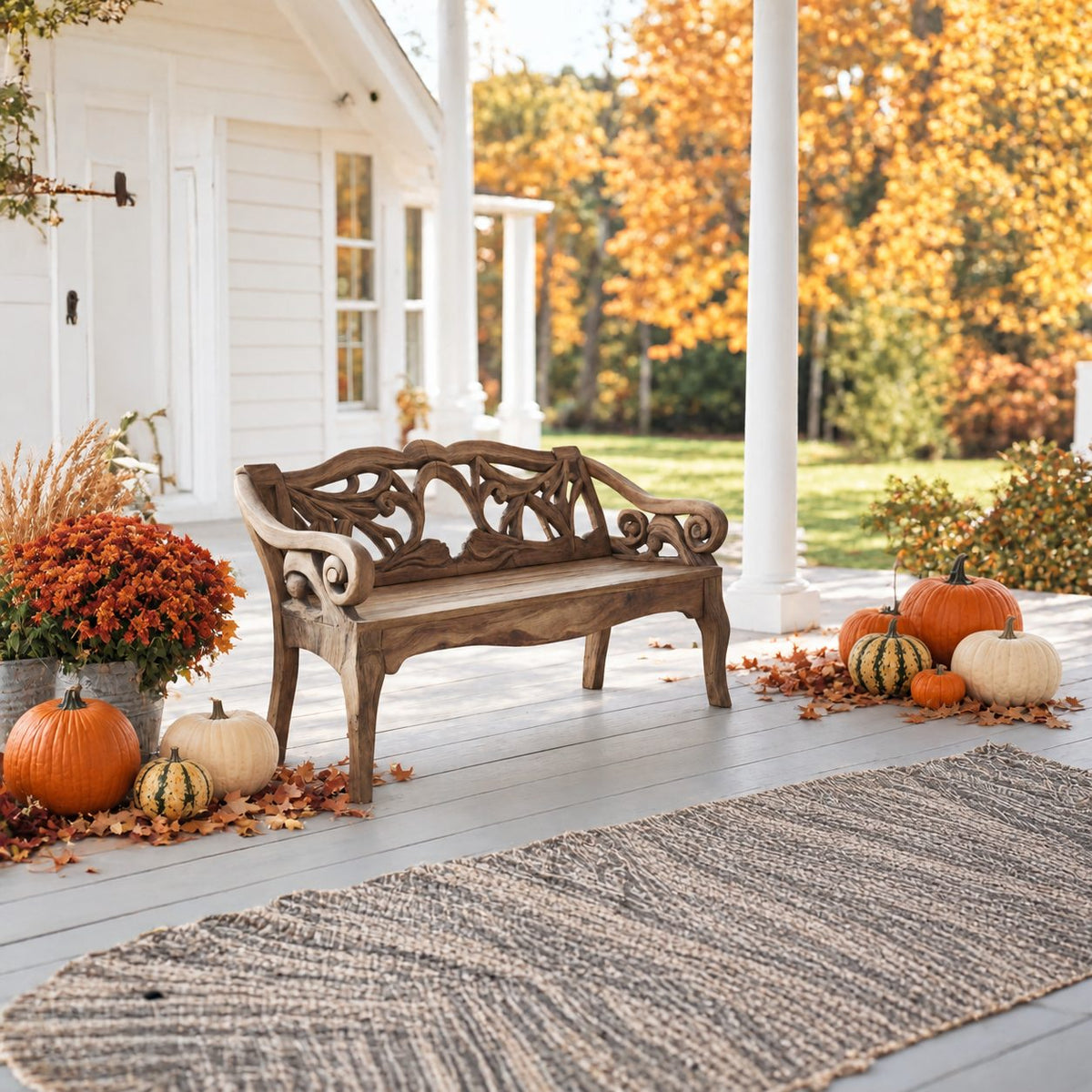 Scroll Arm Vine Carved Bench, Solid Wood Porch Settee Frame with Swirling Openwork Backrest