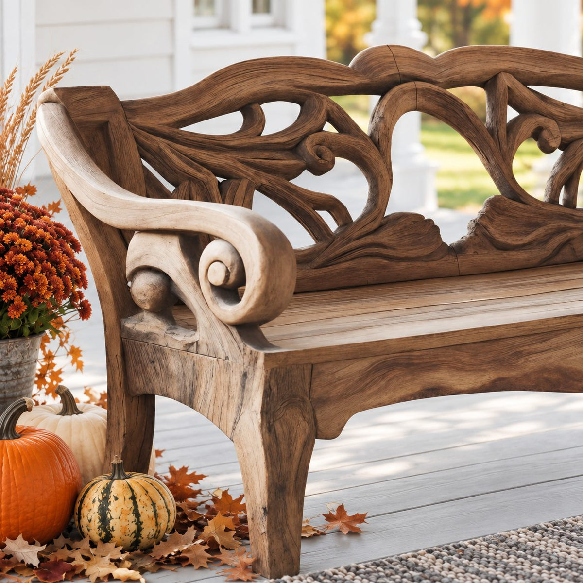 Scroll Arm Vine Carved Bench, Solid Wood Porch Settee Frame with Swirling Openwork Backrest
