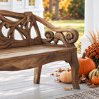 Scroll Arm Vine Carved Bench, Solid Wood Porch Settee Frame with Swirling Openwork Backrest