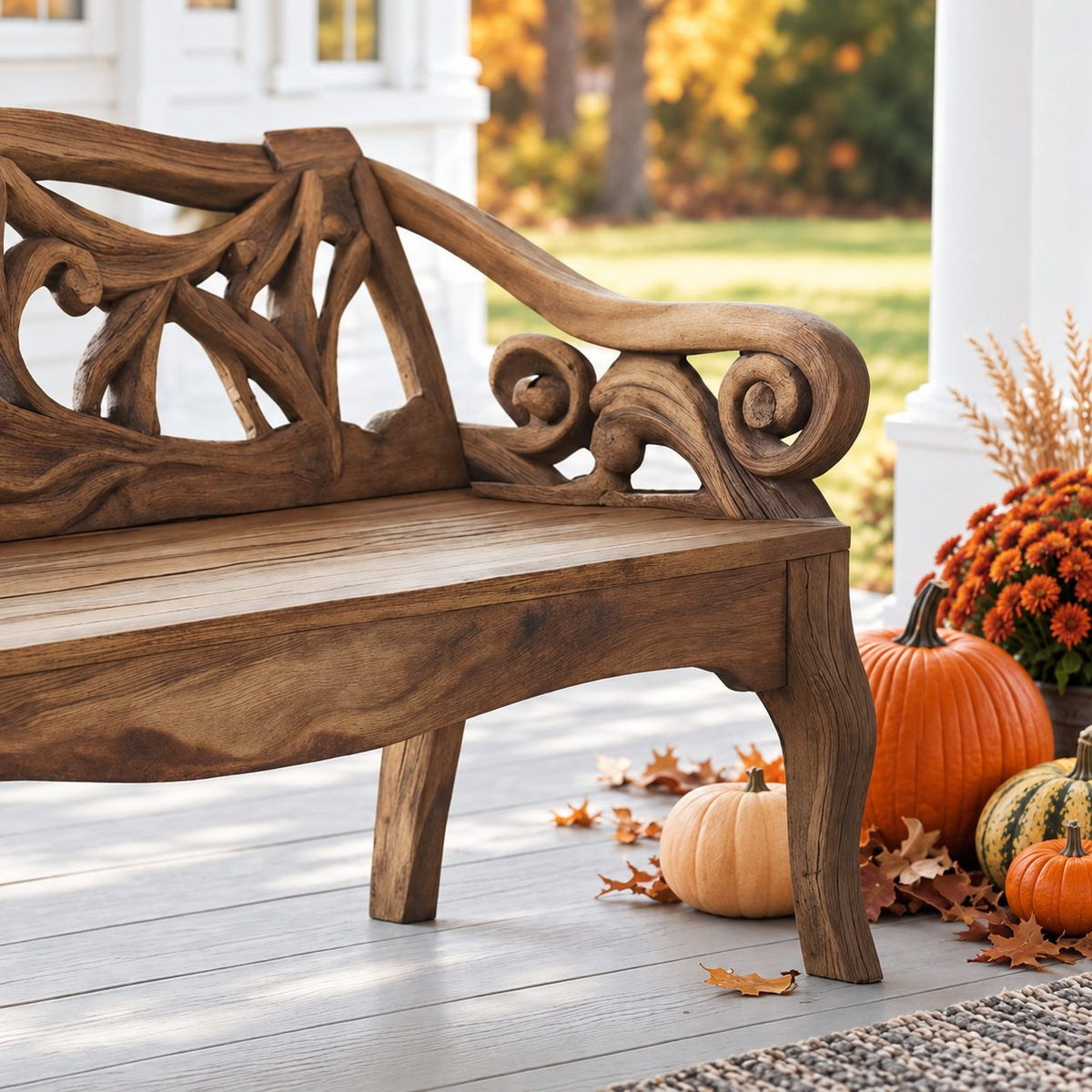 Scroll Arm Vine Carved Bench, Solid Wood Porch Settee Frame with Swirling Openwork Backrest