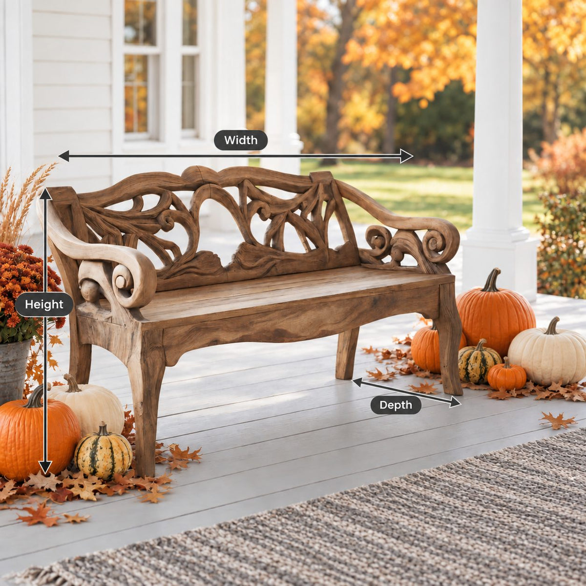 Scroll Arm Vine Carved Bench, Solid Wood Porch Settee Frame with Swirling Openwork Backrest