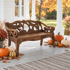 Scroll Arm Vine Carved Bench, Solid Wood Porch Settee Frame with Swirling Openwork Backrest
