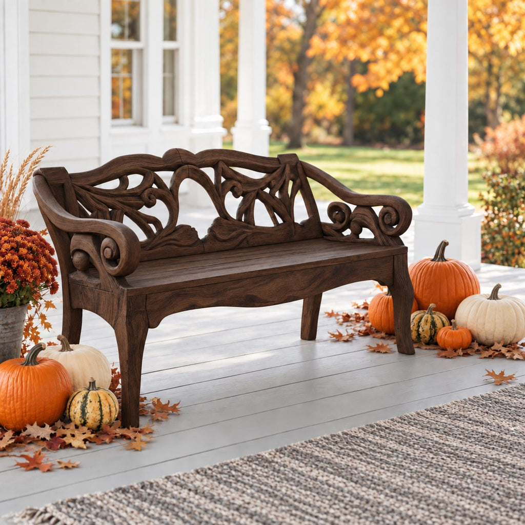 Scroll Arm Vine Carved Bench, Solid Wood Porch Settee Frame with Swirling Openwork Backrest