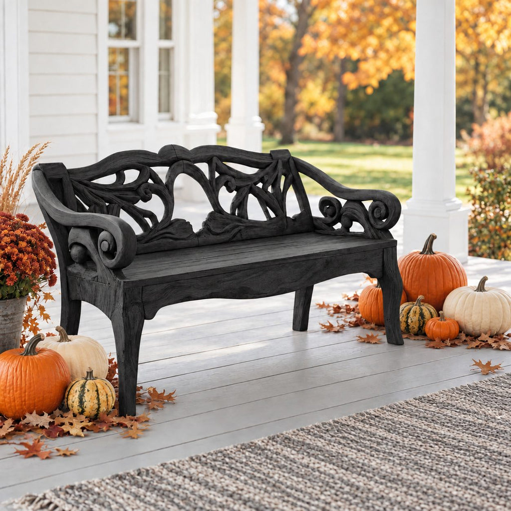 Scroll Arm Vine Carved Bench, Solid Wood Porch Settee Frame with Swirling Openwork Backrest