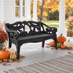 Scroll Arm Vine Carved Bench, Solid Wood Porch Settee Frame with Swirling Openwork Backrest