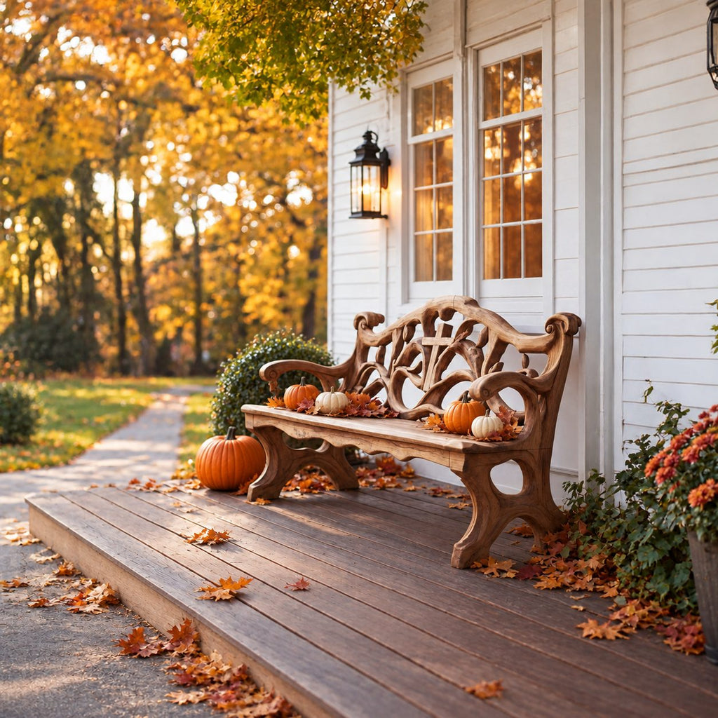 Cross Cut Carved Scroll Bench, Rustic Solid Wood Entryway Bench with Openwork Back and Pierced Legs