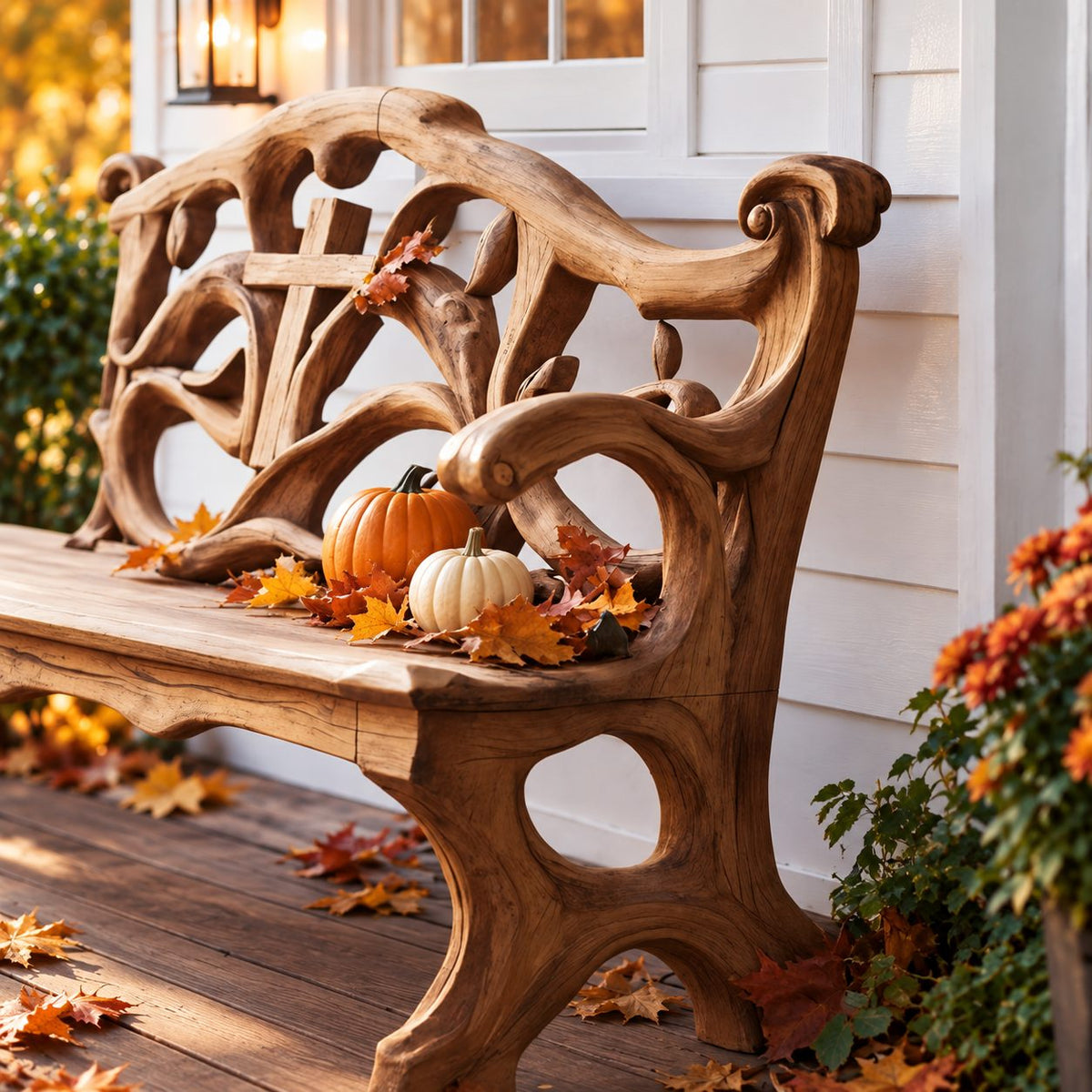 Cross Cut Carved Scroll Bench, Rustic Solid Wood Entryway Bench with Openwork Back and Pierced Legs