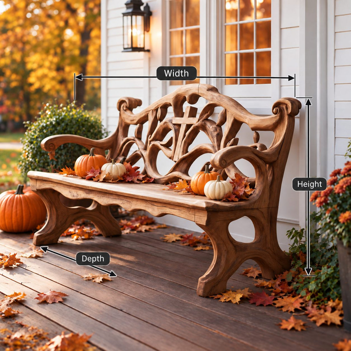 Cross Cut Carved Scroll Bench, Rustic Solid Wood Entryway Bench with Openwork Back and Pierced Legs