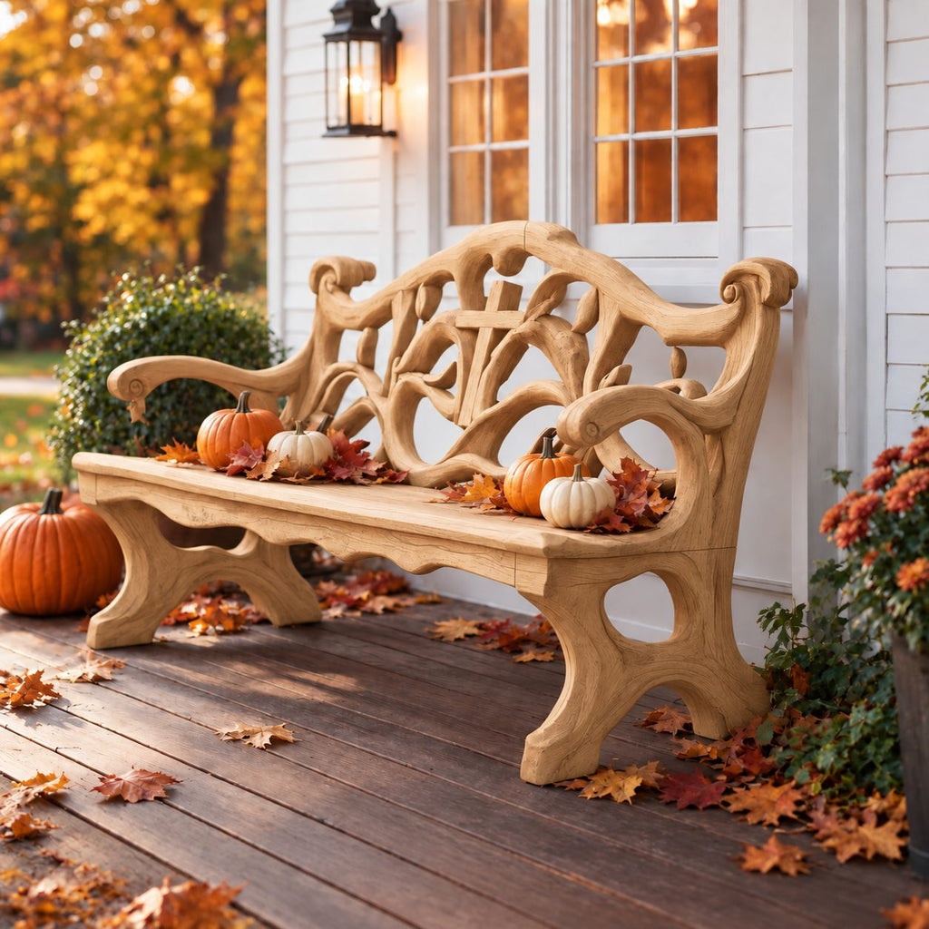 Cross Cut Carved Scroll Bench, Rustic Solid Wood Entryway Bench with Openwork Back and Pierced Legs