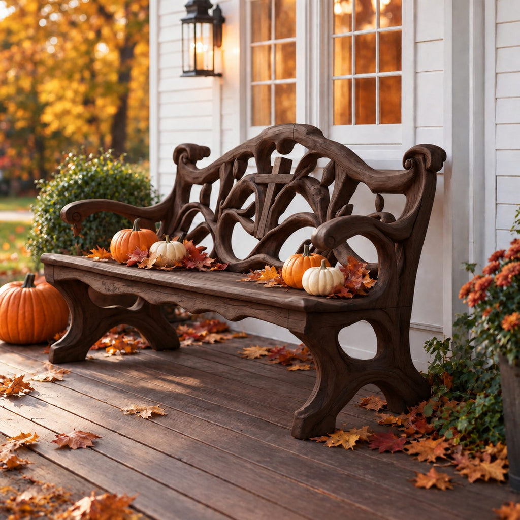 Cross Cut Carved Scroll Bench, Rustic Solid Wood Entryway Bench with Openwork Back and Pierced Legs