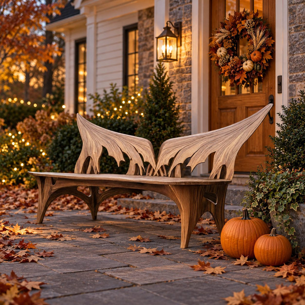 Spread Wing Backrest Bench, Armless Sculptural Solid Wood Patio Bench with Swept Back Panels