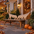 Spread Wing Backrest Bench, Armless Sculptural Solid Wood Patio Bench with Swept Back Panels