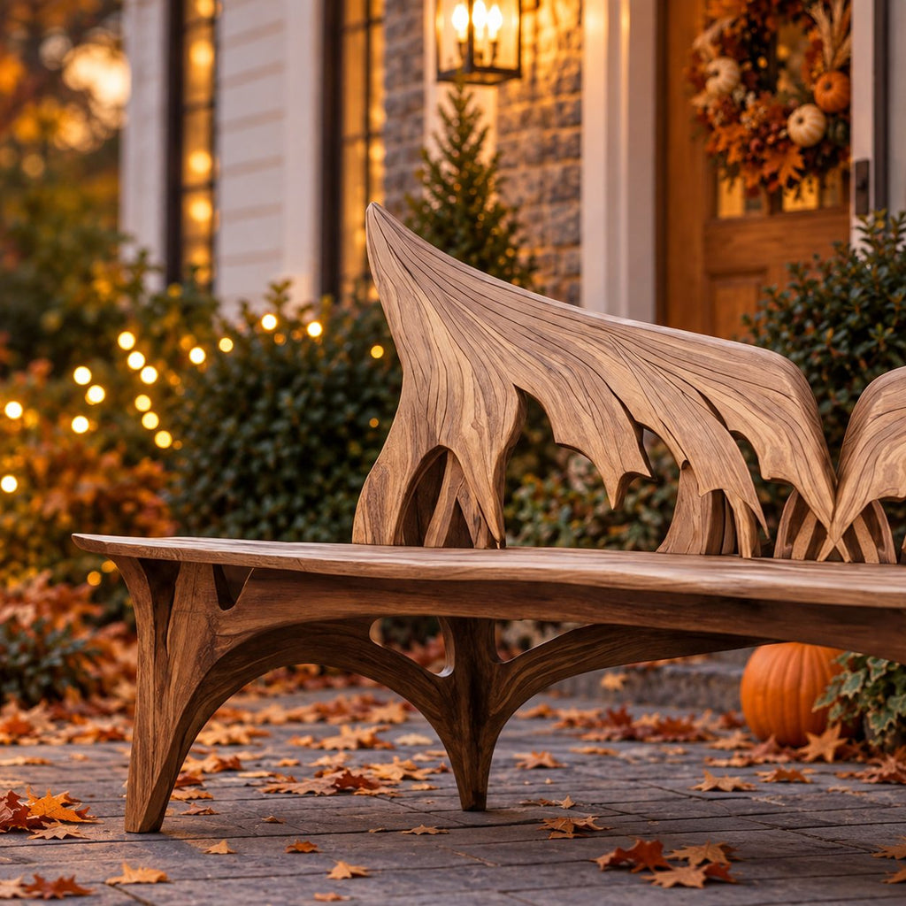 Spread Wing Backrest Bench, Armless Sculptural Solid Wood Patio Bench with Swept Back Panels