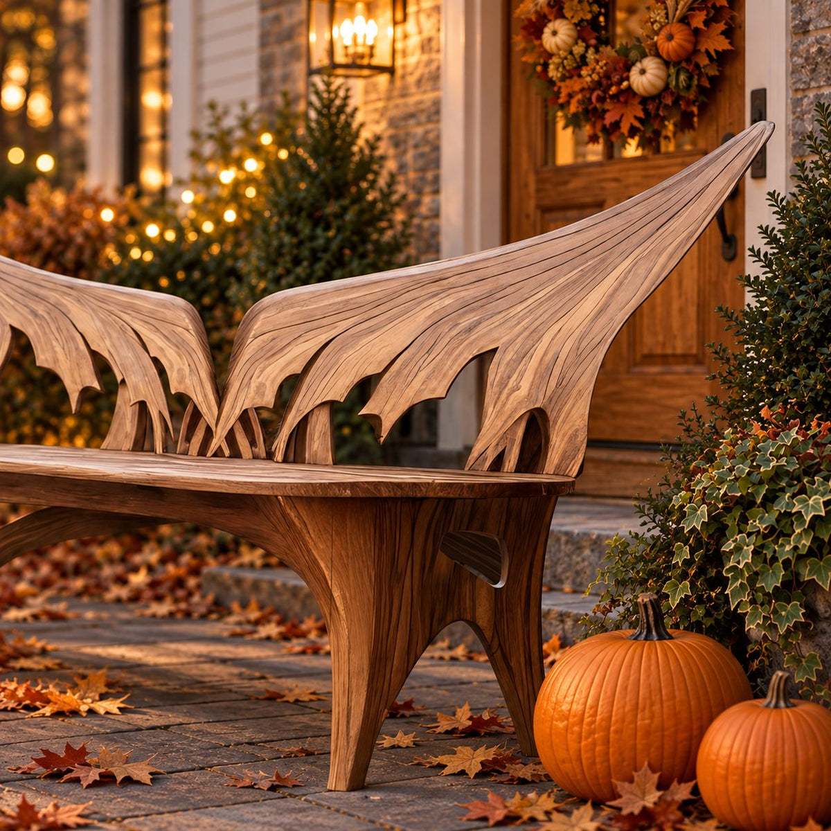 Spread Wing Backrest Bench, Armless Sculptural Solid Wood Patio Bench with Swept Back Panels