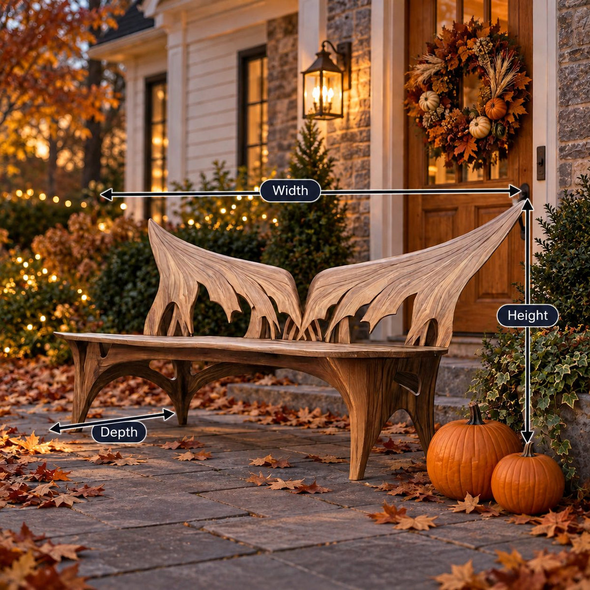 Spread Wing Backrest Bench, Armless Sculptural Solid Wood Patio Bench with Swept Back Panels
