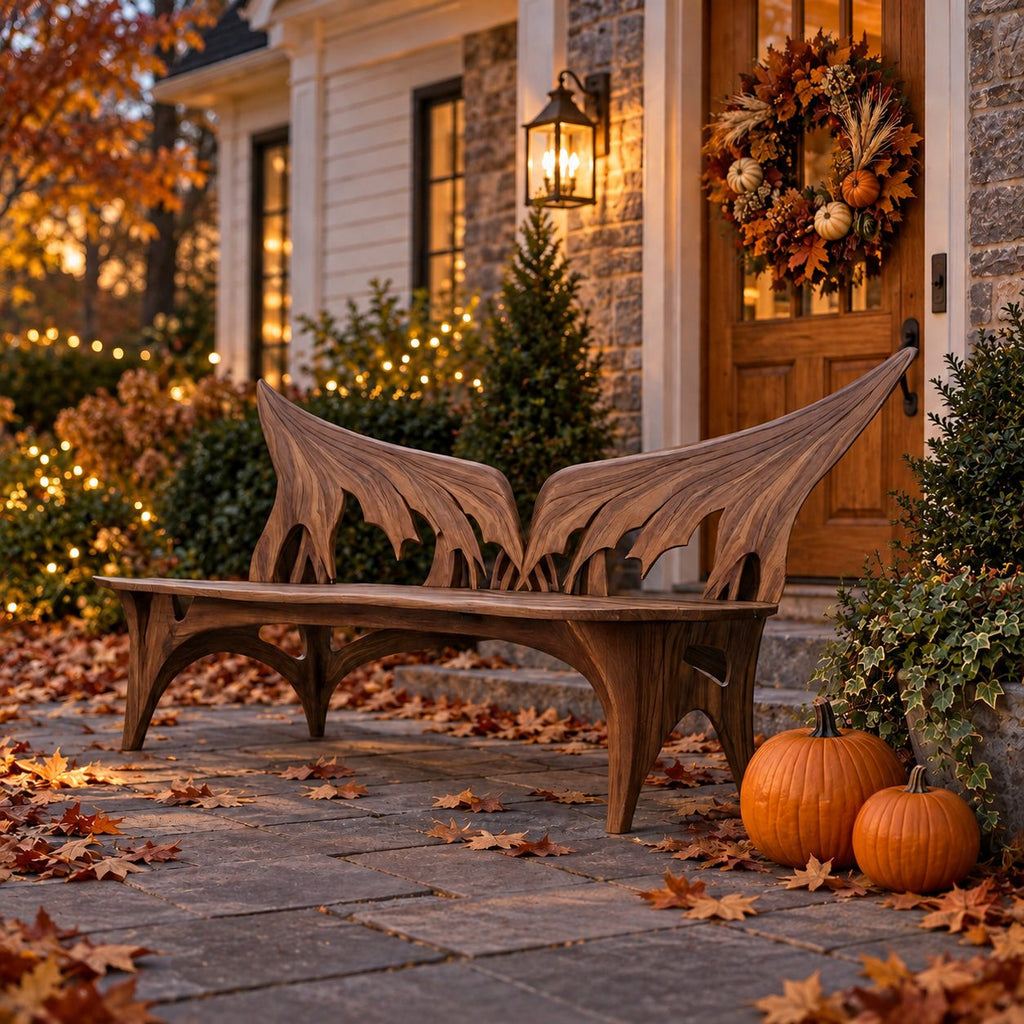 Spread Wing Backrest Bench, Armless Sculptural Solid Wood Patio Bench with Swept Back Panels