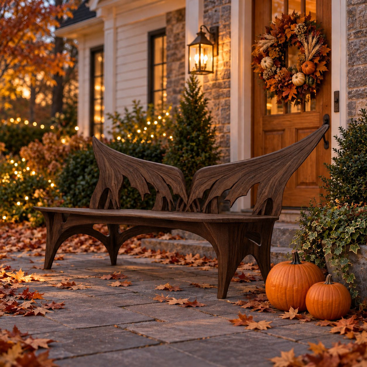 Spread Wing Backrest Bench, Armless Sculptural Solid Wood Patio Bench with Swept Back Panels