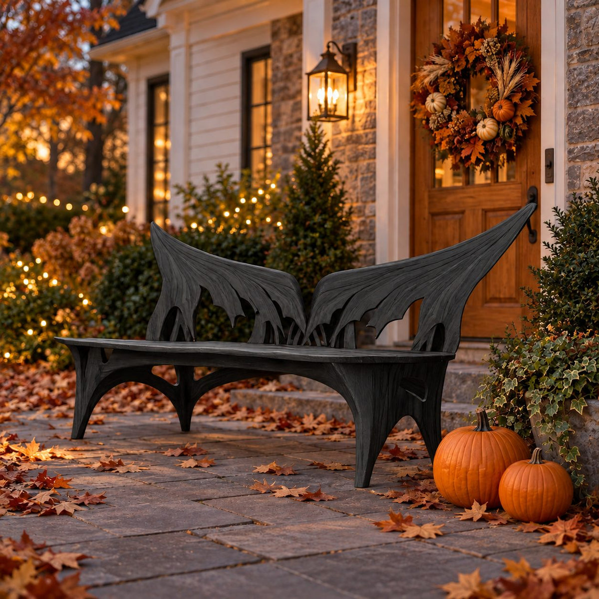 Spread Wing Backrest Bench, Armless Sculptural Solid Wood Patio Bench with Swept Back Panels