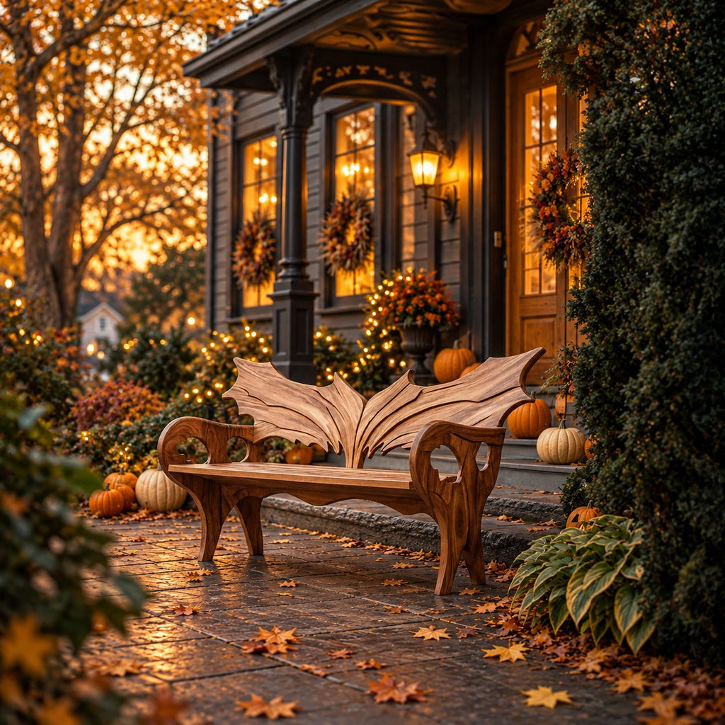 Wing Back Scroll Arm Bench, Carved Solid Wood Porch Bench with Pierced Arm Panels and Curved Legs