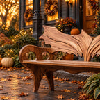 Wing Back Scroll Arm Bench, Carved Solid Wood Porch Bench with Pierced Arm Panels and Curved Legs