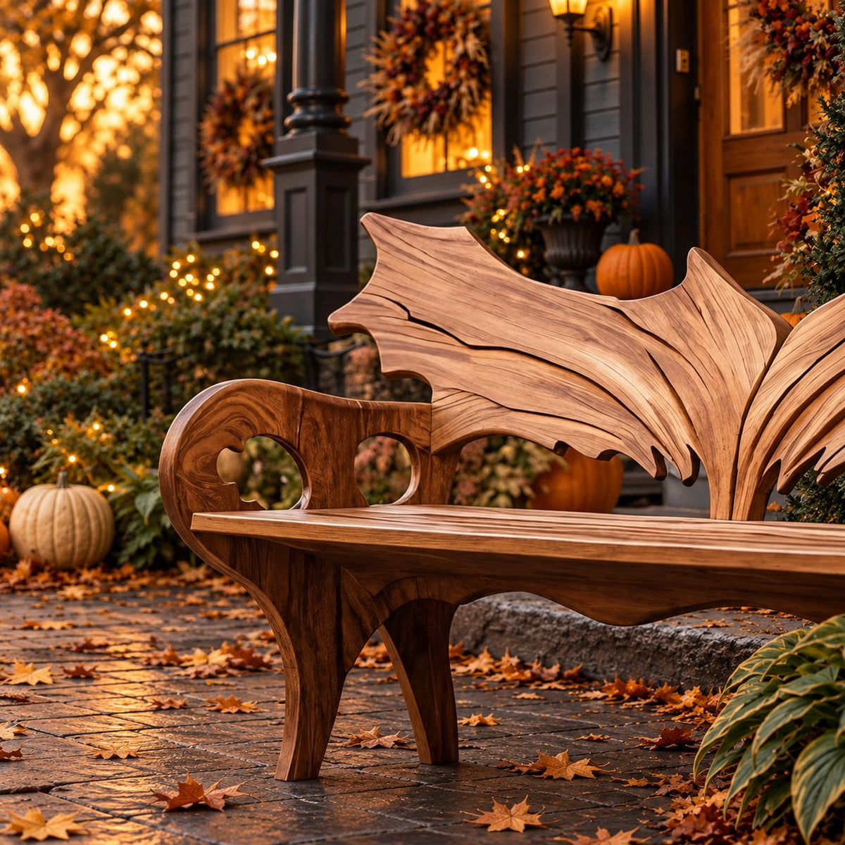 Wing Back Scroll Arm Bench, Carved Solid Wood Porch Bench with Pierced Arm Panels and Curved Legs