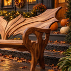 Wing Back Scroll Arm Bench, Carved Solid Wood Porch Bench with Pierced Arm Panels and Curved Legs